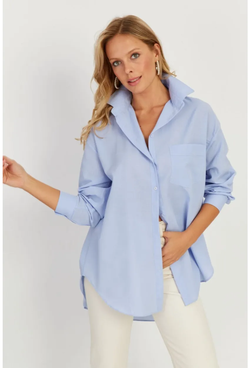Kadın Mavi Uzun Basic Gömlek SF2535