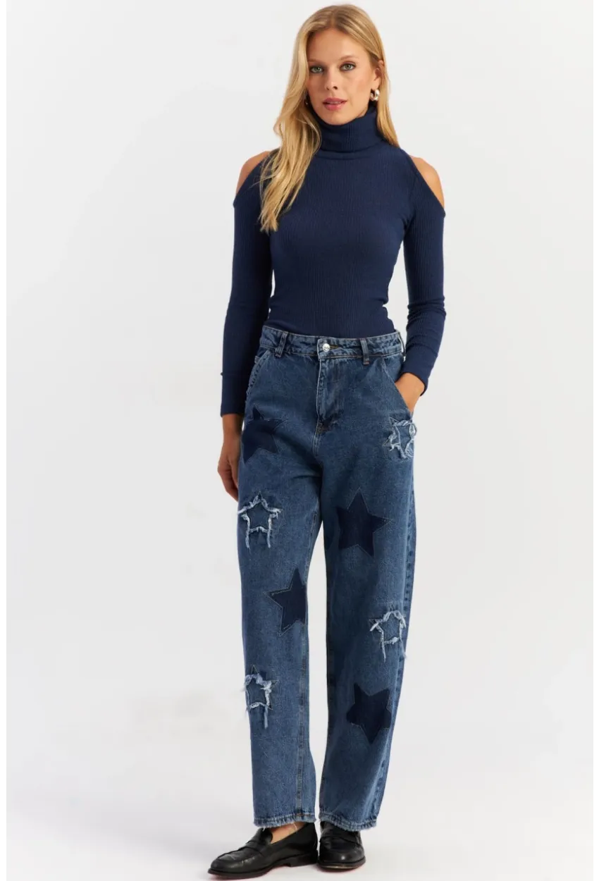 Kadın Mavi Yamalı Jean Pantolon AUR1