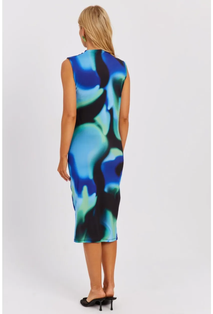 Kadın Mavi-Yeşil Büzgülü Midi Elbise NÇ520