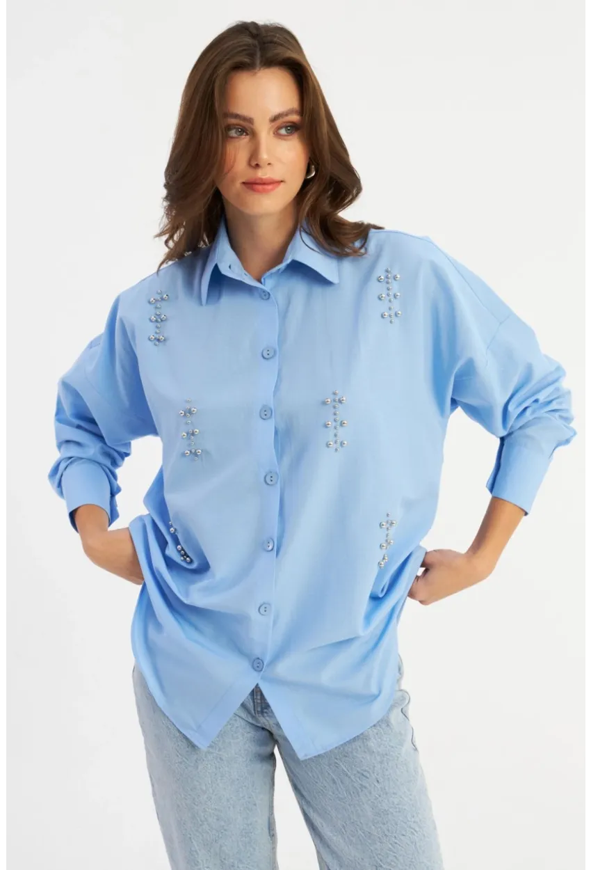 Kadın Mavi Zımbalı Gömlek MASF1