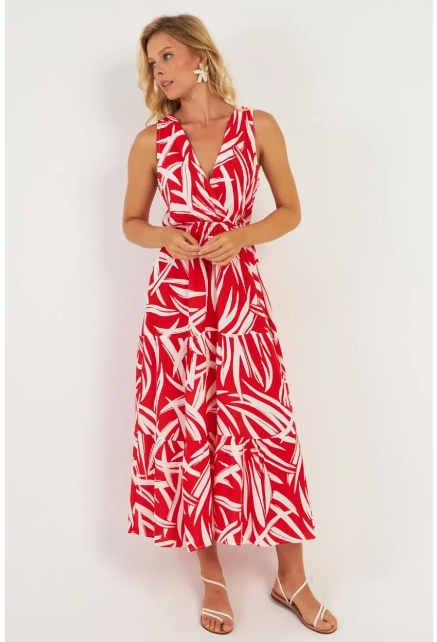 Kadın Mercan Desenli Kruvaze Midi Elbise YZ634