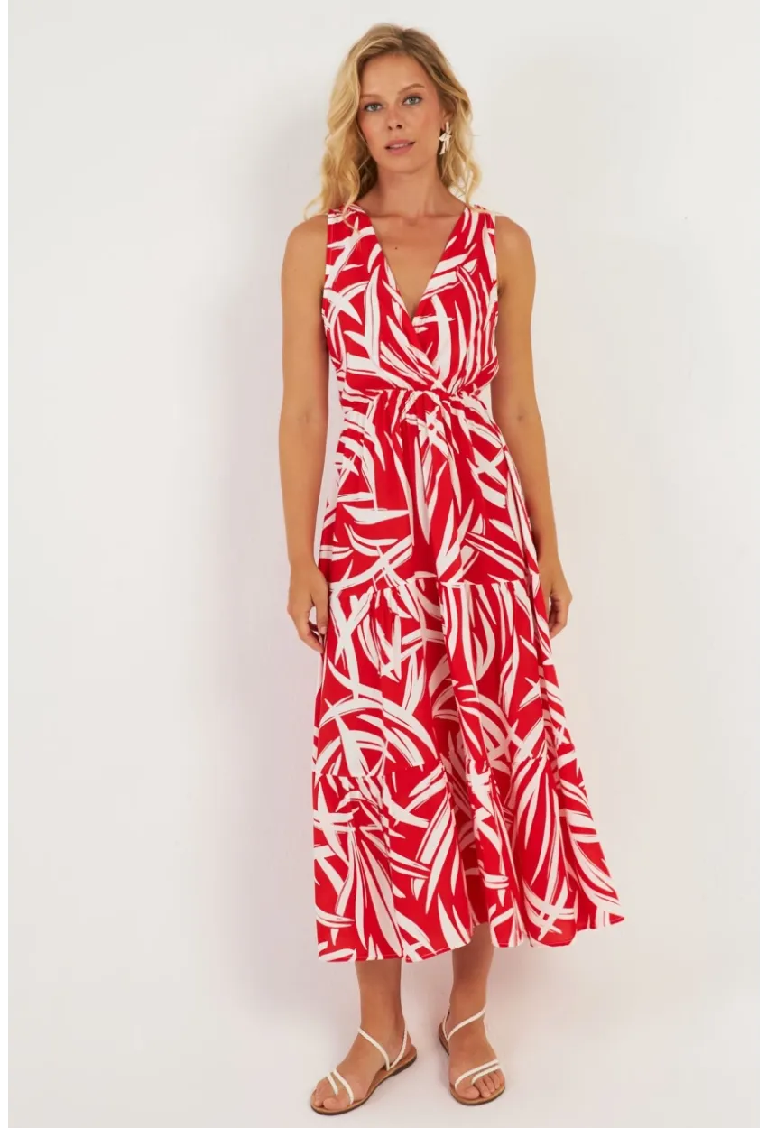 Kadın Mercan Desenli Kruvaze Midi Elbise YZ634