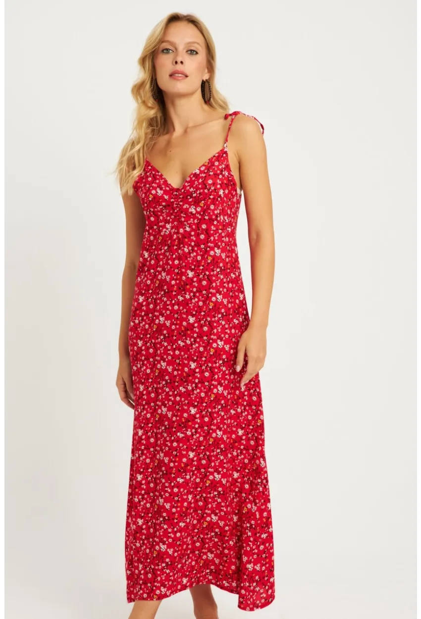 Kadın Mercan İp Askılı Çiçekli Midi Elbise GÇ172