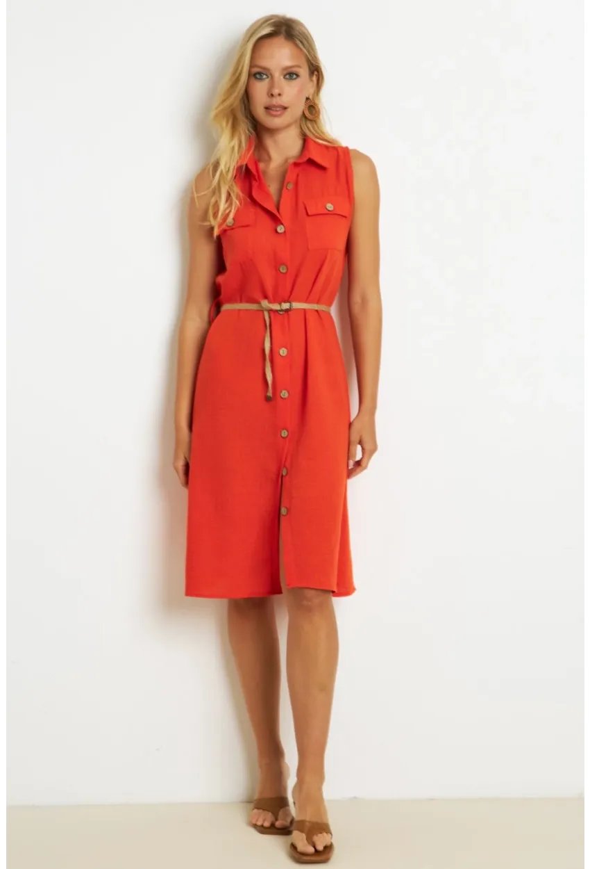 Kadın Mercan Kemerli Gömlek Midi Elbise SGT404
