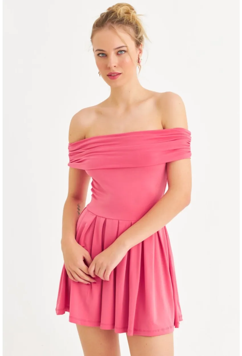 Kadın Mercan Madonna Yaka Mini Elbise MON1262-1