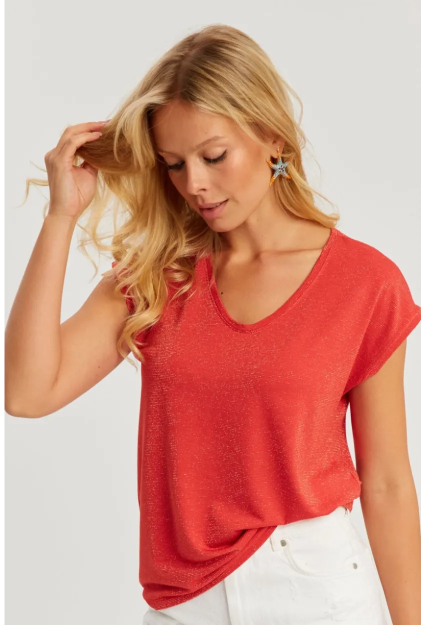 Kadın Mercan V Yaka Simli Bluz RX436