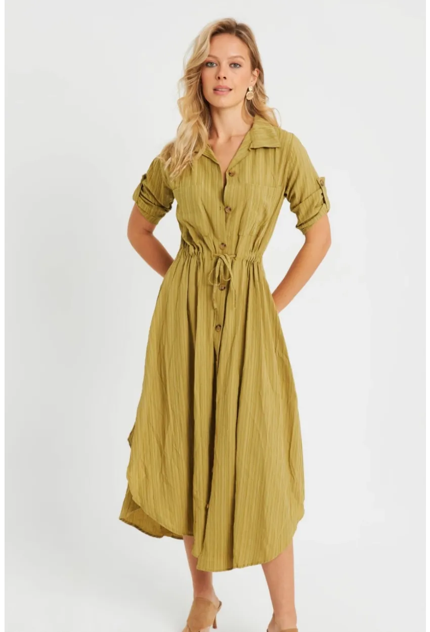 Kadın Midi Gömlek Elbise Haki Q984