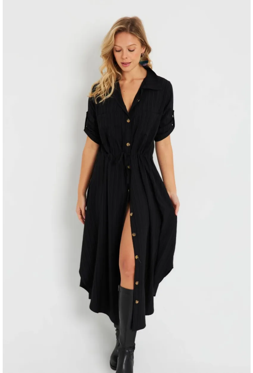 Kadın Midi Gömlek Elbise Siyah Q984