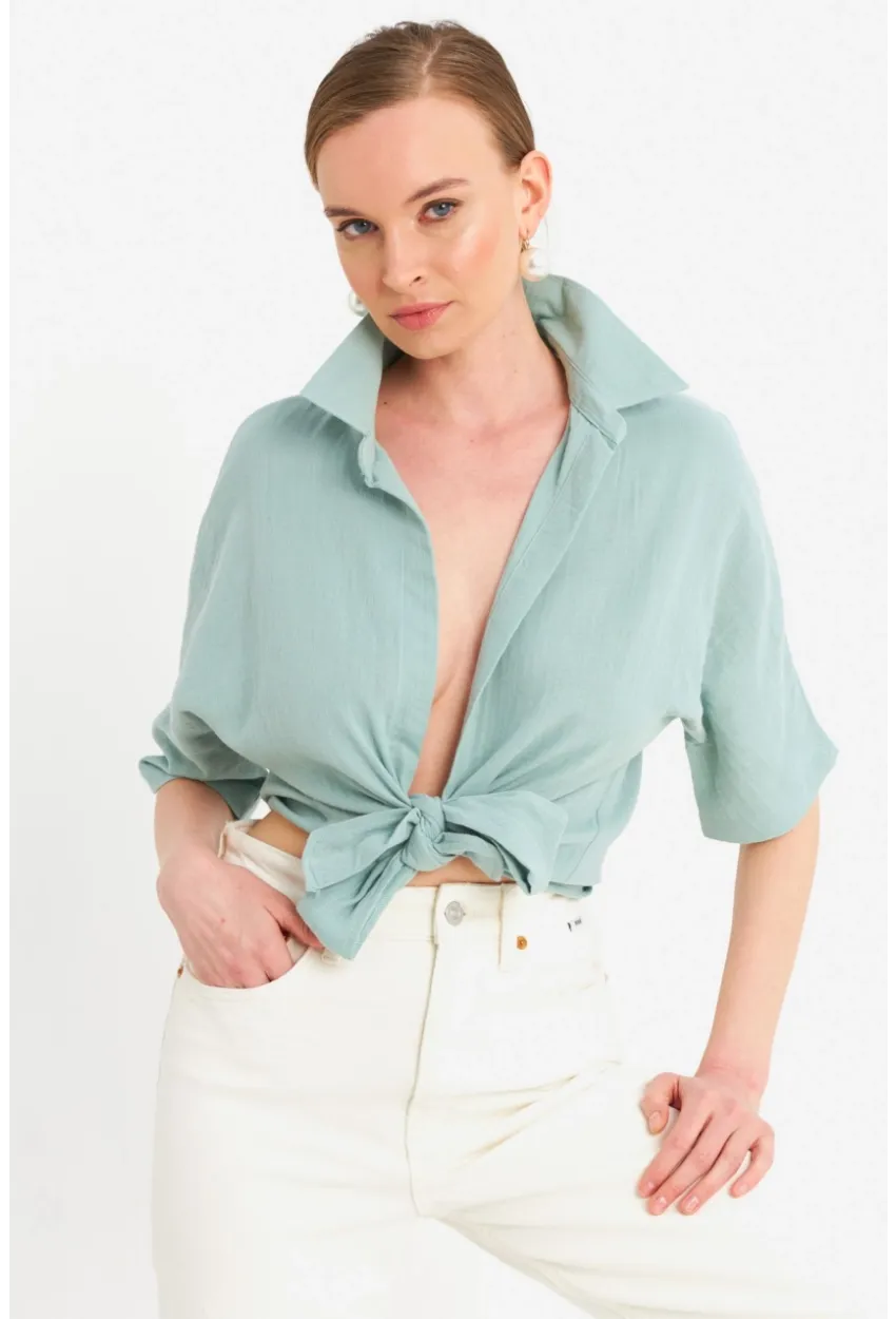 Kadın Mint Bağlamalı Keten Bluz BTH16
