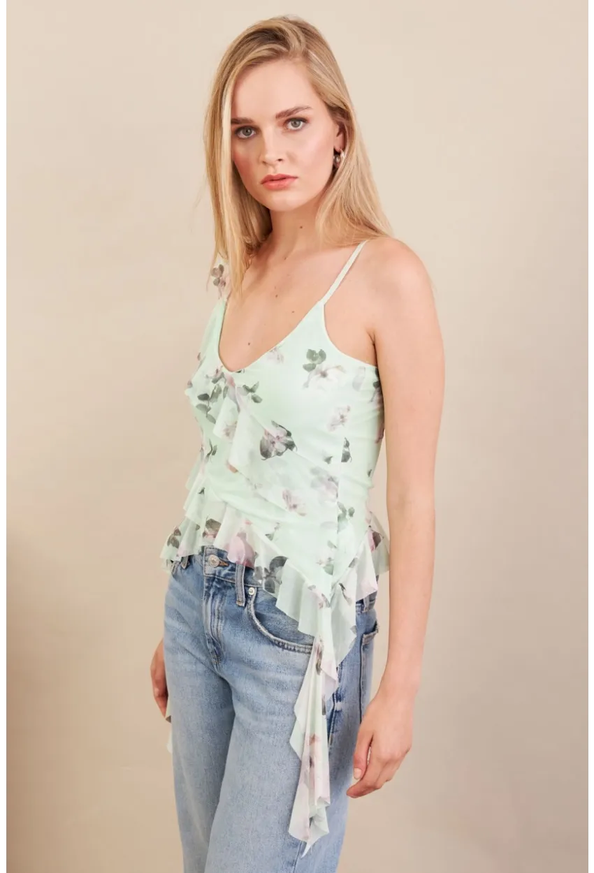 Kadın Mint Desenli Fırfırlı Şifon Bluz FS033