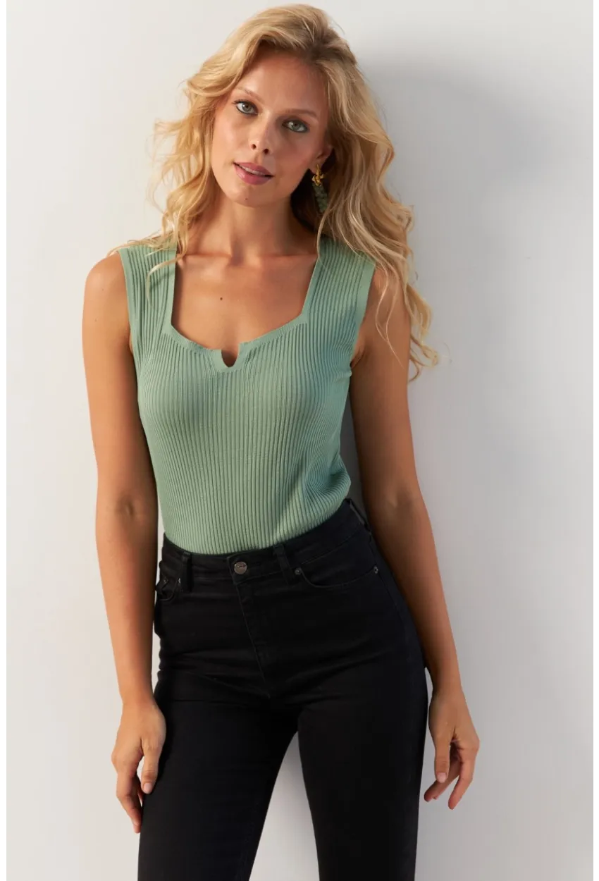 Kadın Mint Kare Yaka Triko Bluz SMT243