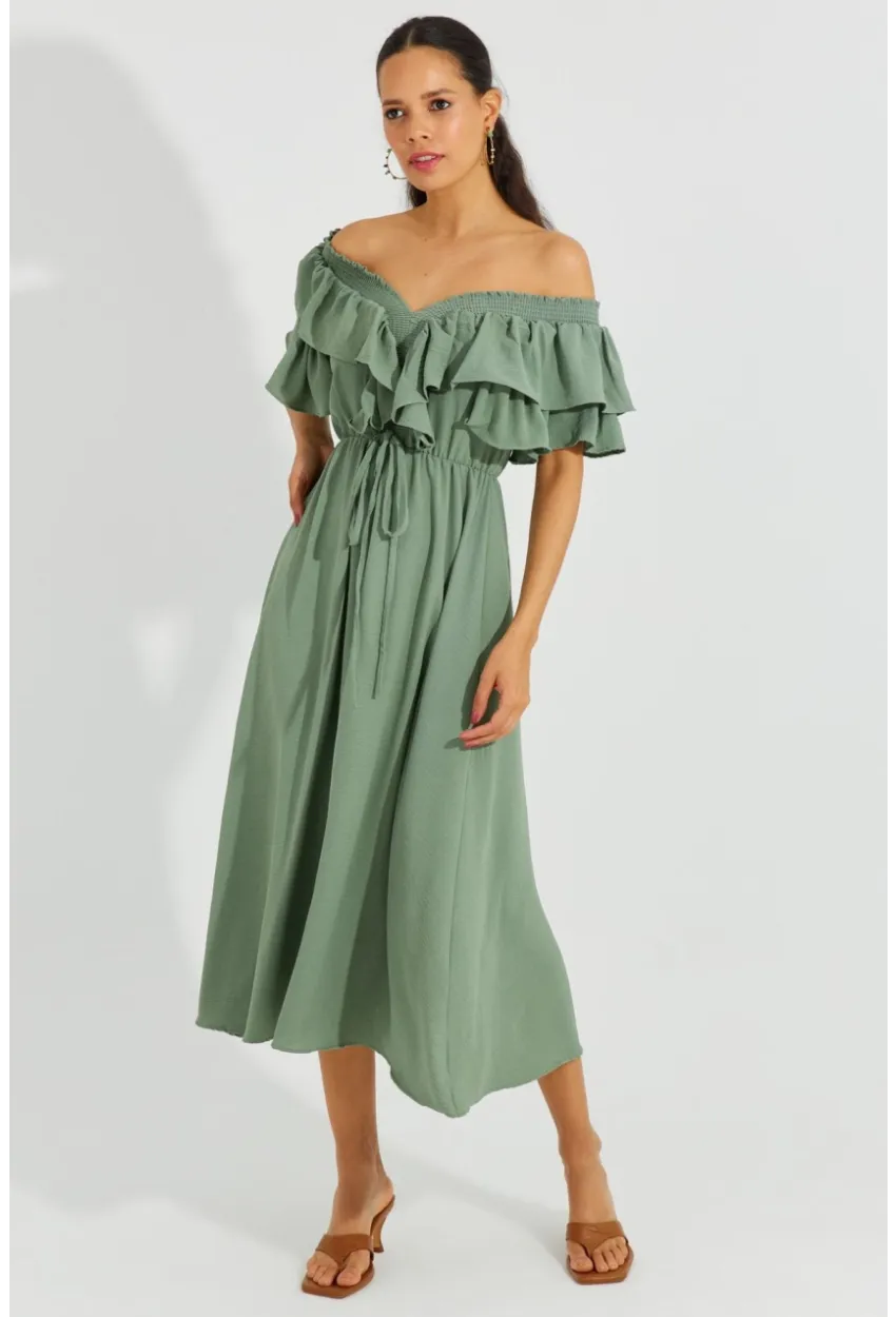 Kadın Mint Ön Arka V Volanlı Elbise KS113