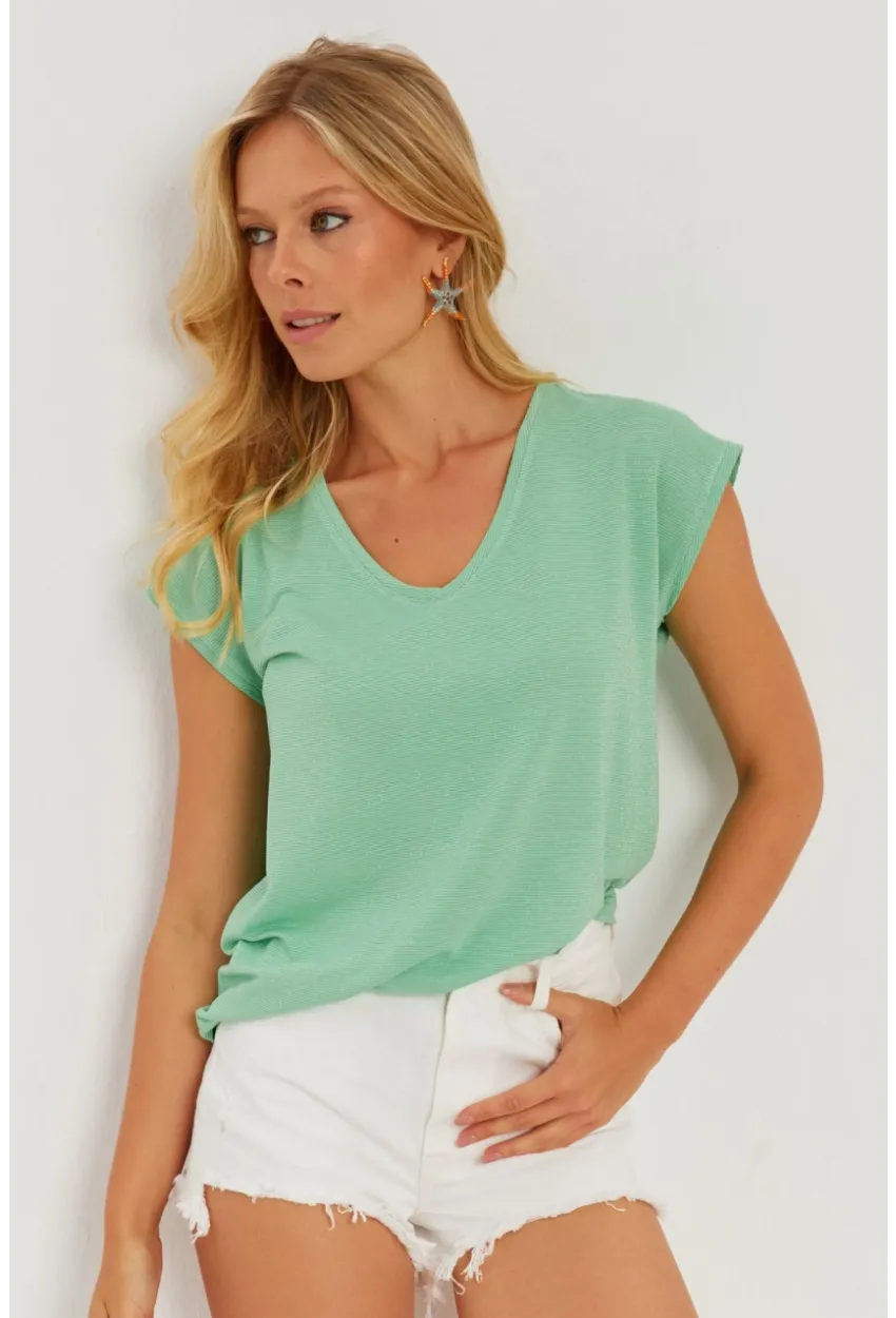 Kadın Mint V Yaka Simli Bluz RX436