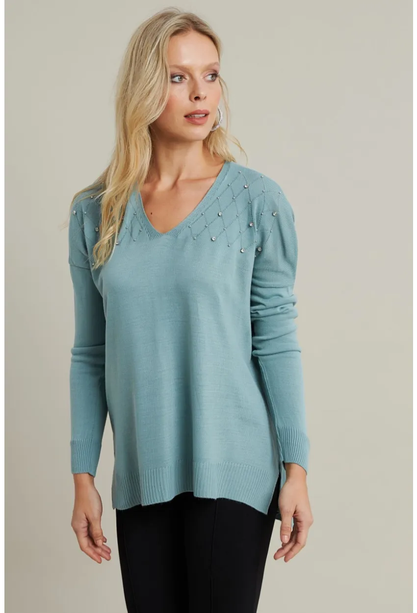 Kadın Mint V Yaka Taşlı İnce Triko Bluz MYİL002