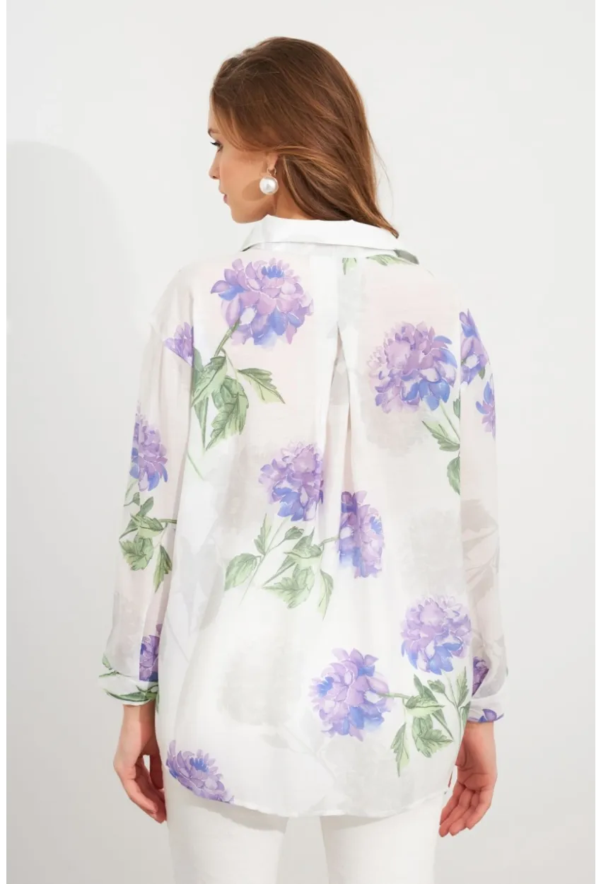 Kadın Mor Çiçek Desenli İnce Keten Gömlek MCAR1068