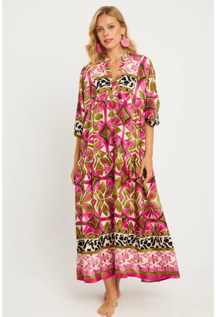 Kadın Mor Desenli Midi Elbise GÇ169