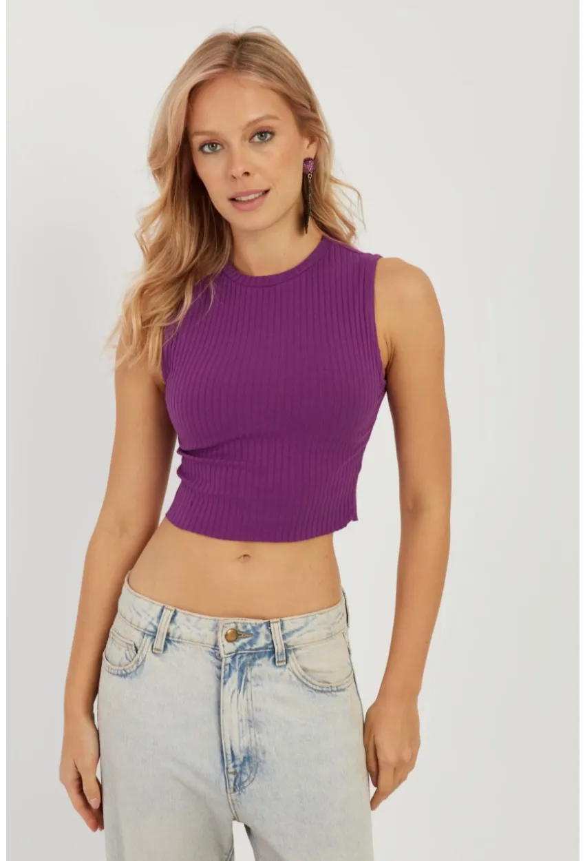 Kadın Mor Fitilli Crop Bluz LPP1262