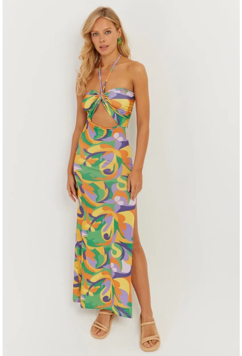 Kadın Multi Boyun Bağlamalı Desenli Midi Elbise MEN2041