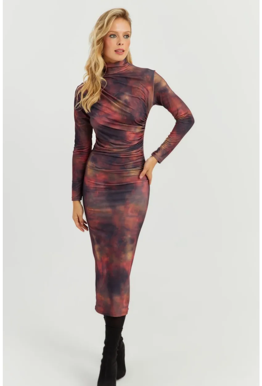 Kadın Multi Büzgülü Desenli Midi Elbise MON118