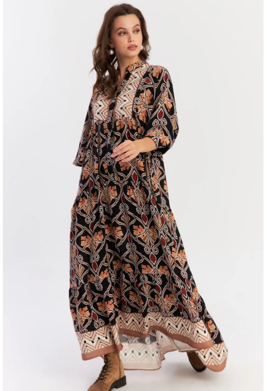 Kadın Multi Etnik Desenli Maxi Dokuma Elbise ALO228