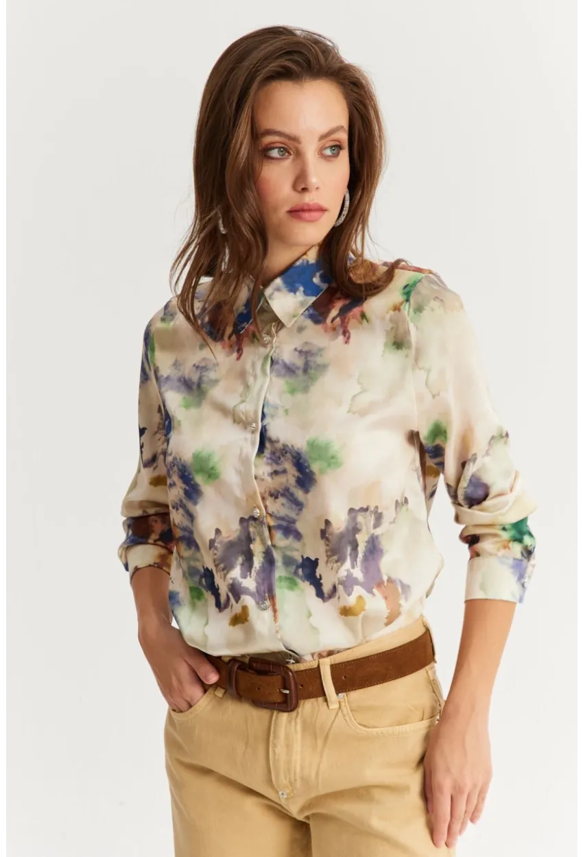 Kadın Multi Taş Düğmeli Desenli Gömlek MLVF9