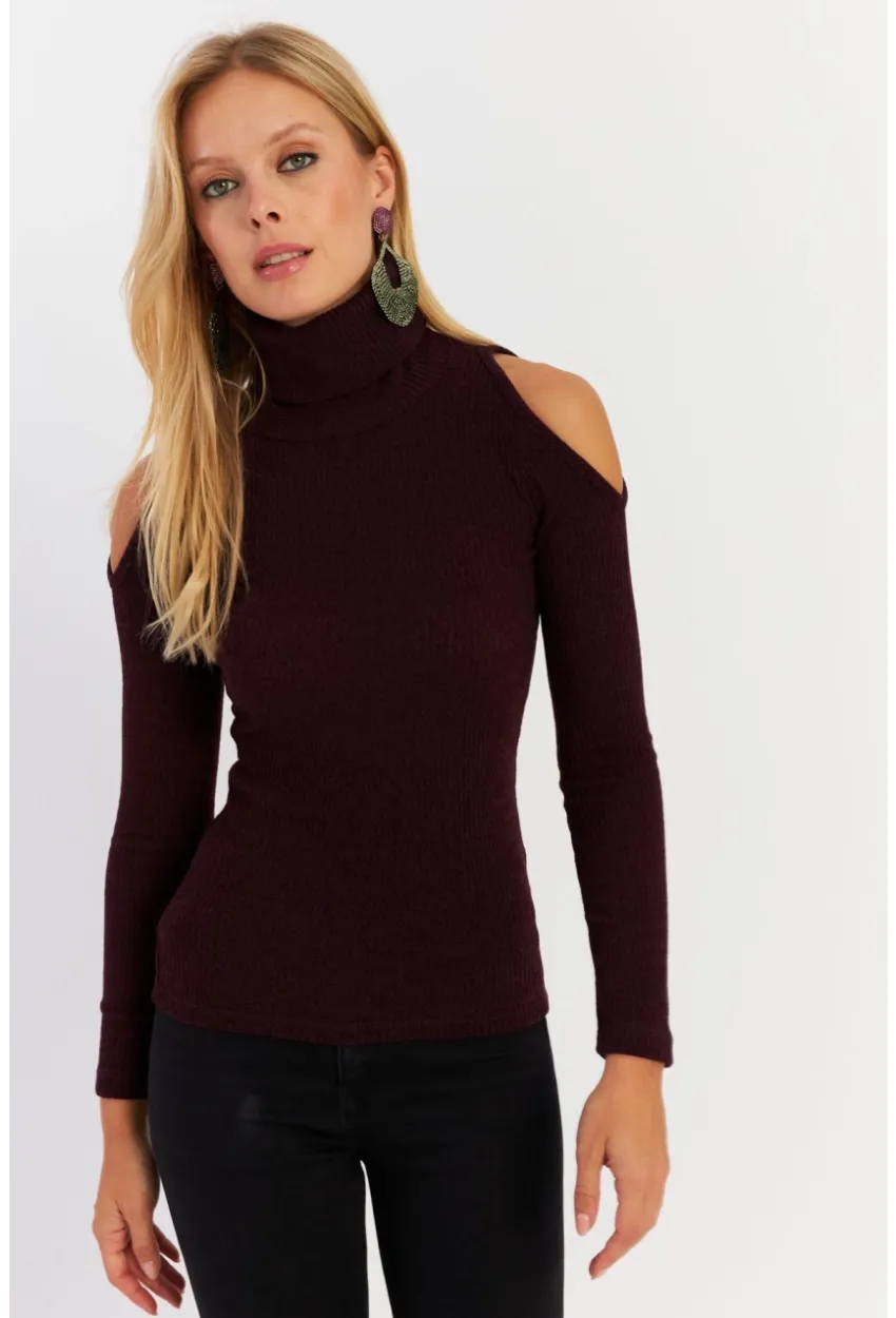 Kadın Mürdüm Omuzları Açık Kaşkorse Bluz HOR04