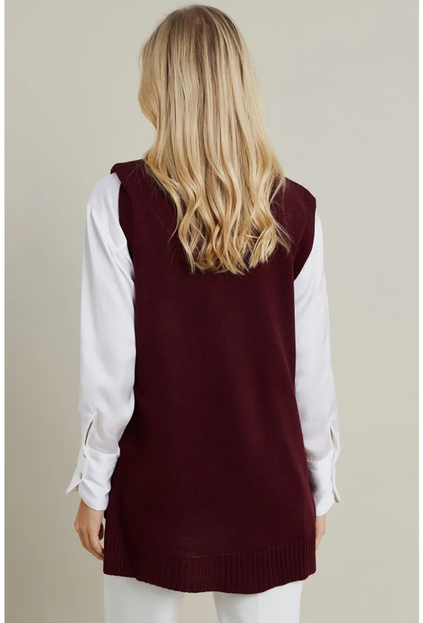 Kadın Mürdüm Yanları Düğmeli Kolsuz Triko Tunik YV75