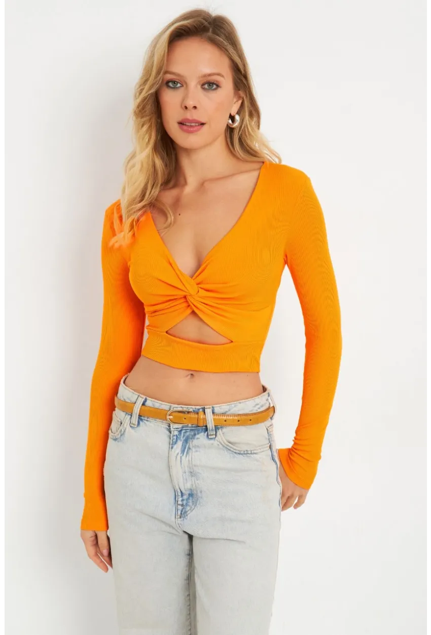 Kadın Önü Düğümlü Crop Bluz Turuncu AYD287