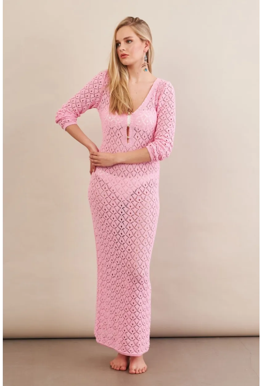 Kadın Pembe Aksesuarlı Triko Plaj Elbisesi KZ3237-90