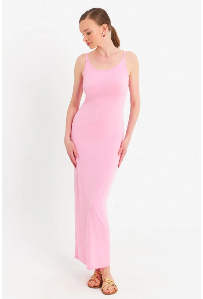 Kadın Pembe Ayarlanabilir Askılı Maxi Elbise MEN2004