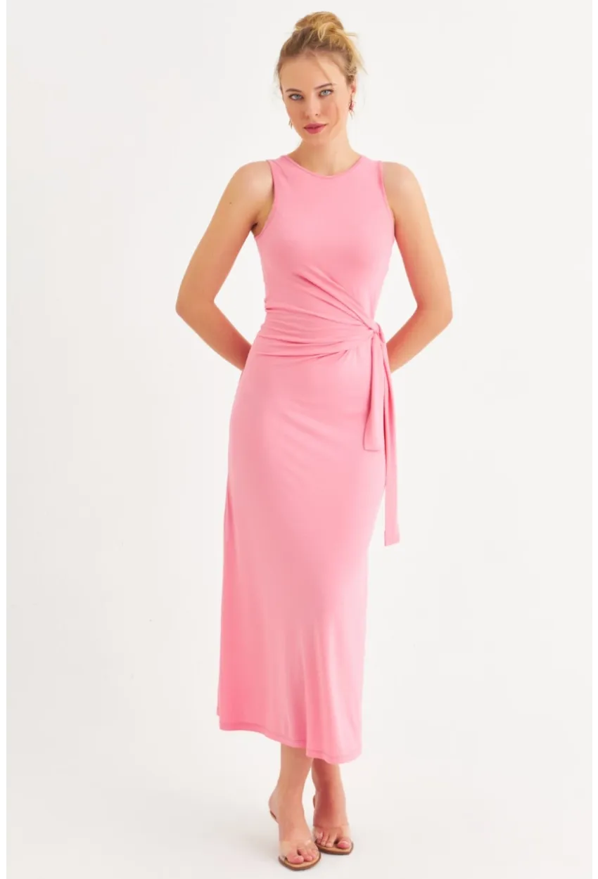 Kadın Pembe Büzgülü Kolsuz Midi Elbise TF75