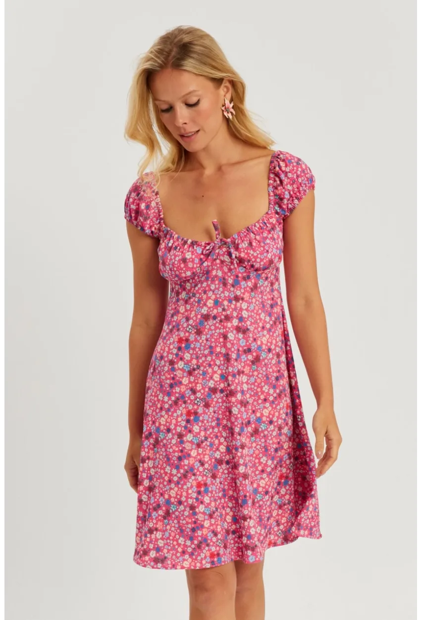 Kadın Pembe Çiçekli Mini Elbise GÇ165