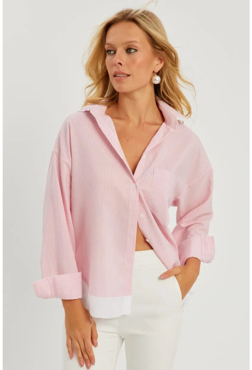 Kadın Pembe Çizgili Gömlek SF2551