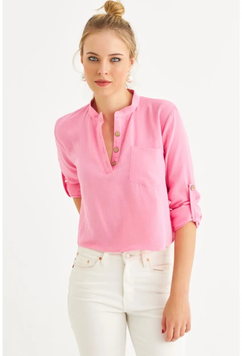 Kadın Pembe Düğmeli Keten Gömlek Bluz BTH17