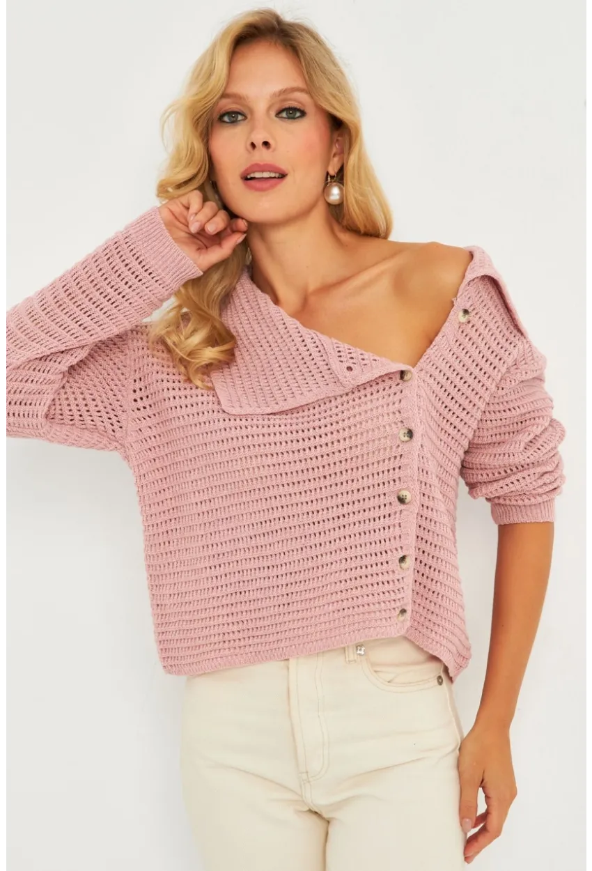 Kadın Pembe Geniş Yakalı Triko Hırka MİW4571