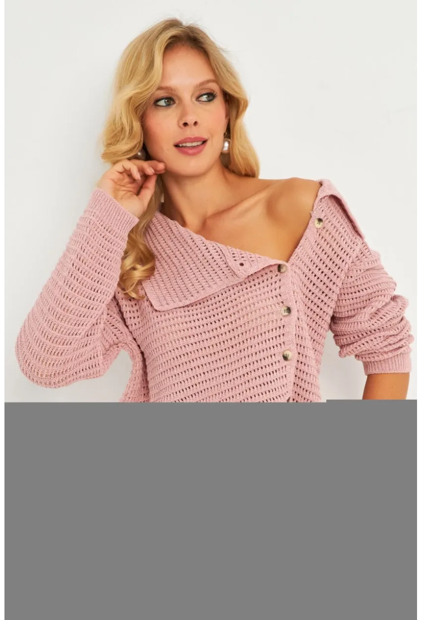 Kadın Pembe Geniş Yakalı Triko Hırka MİW4571