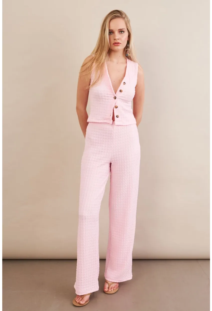 Kadın Pembe Gofre Yelek Pantalon Takım FLU330