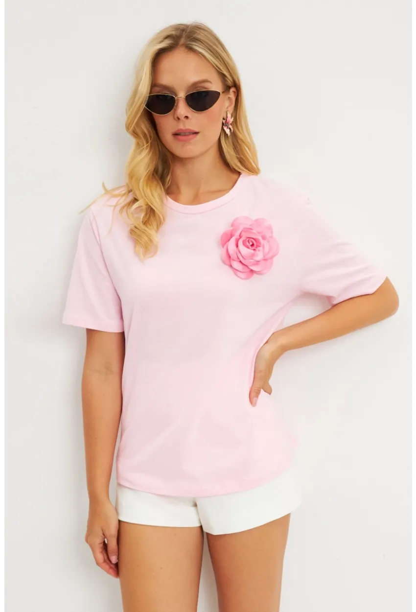 Kadın Pembe Gül Aksesuarlı T-Shirt SF12721