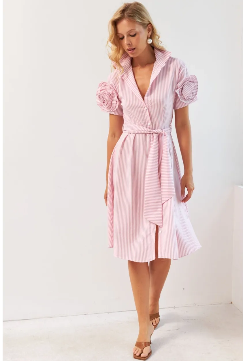 Kadın Pembe Gül Detaylı Midi Gömlek Elbise SF12812