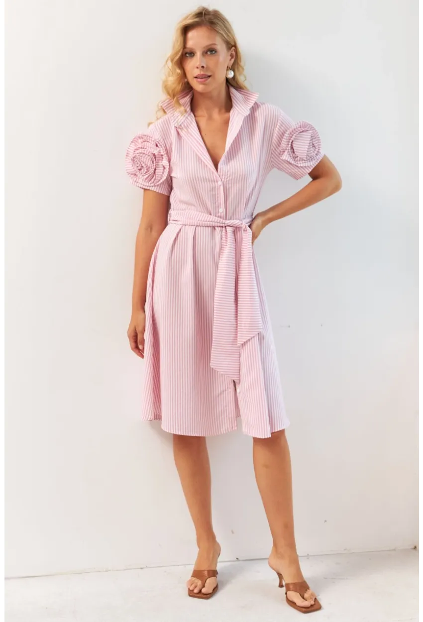 Kadın Pembe Gül Detaylı Midi Gömlek Elbise SF12812