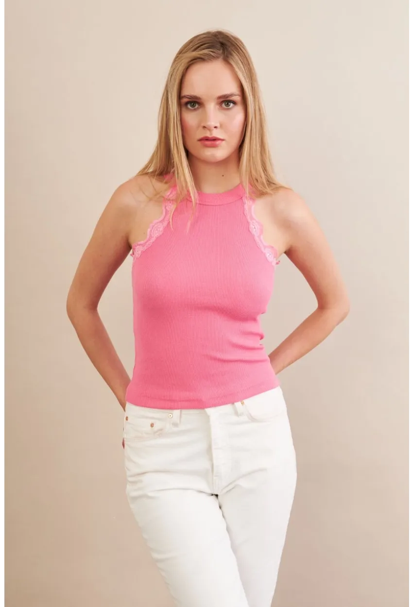 Kadın Pembe Halter Yaka Dantelli Bluz MK04