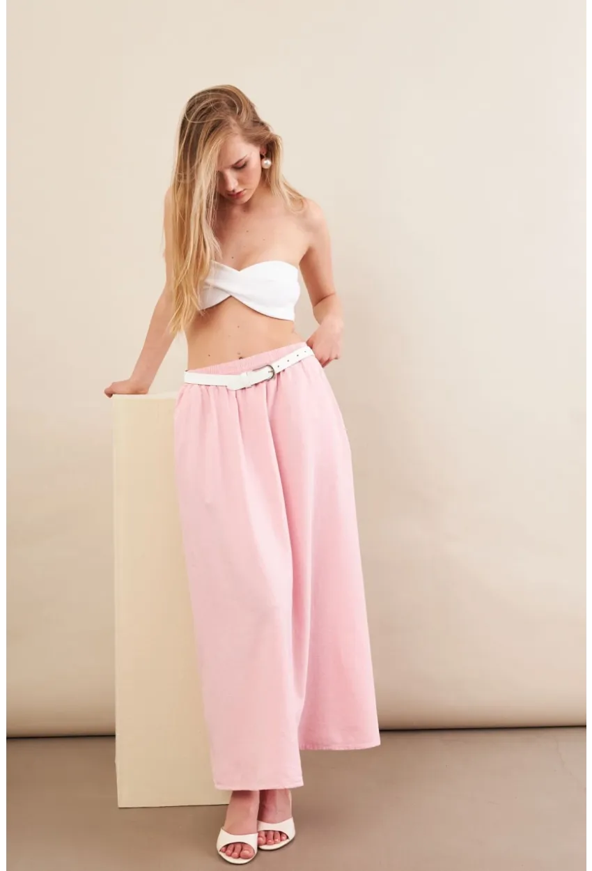 Kadın Pembe Keten Cepli Midi Etek RSP4440