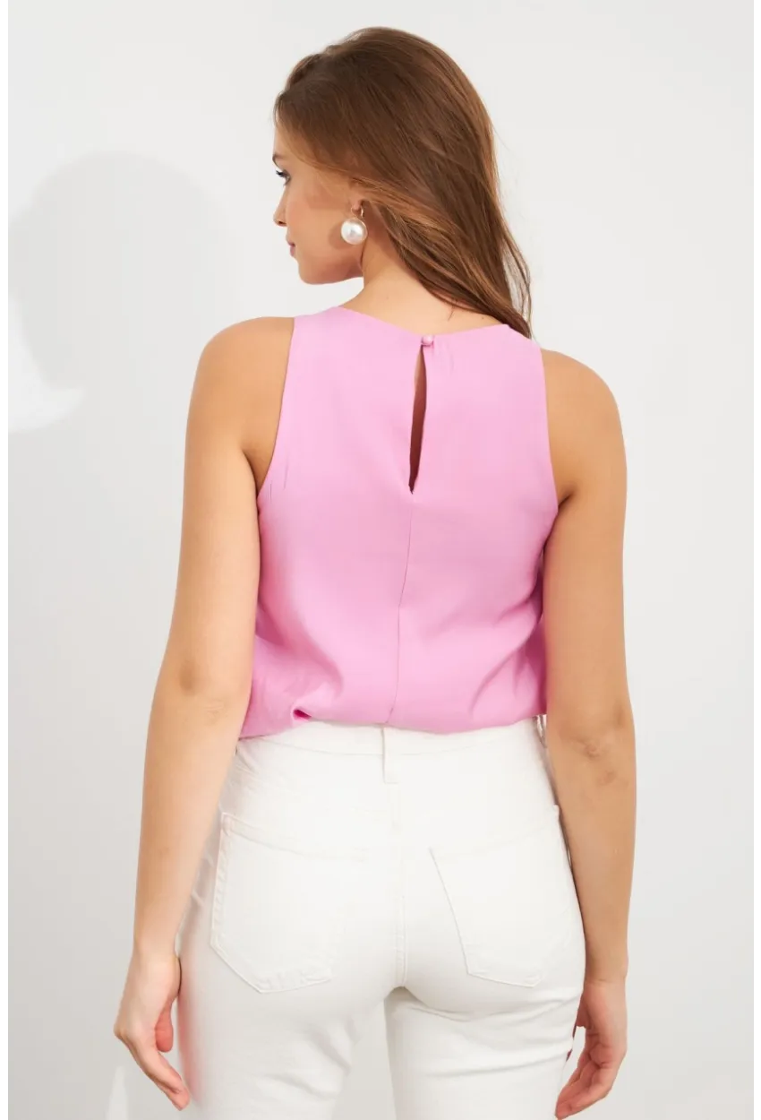 Kadın Pembe Kolsuz Balon Bluz SAN101