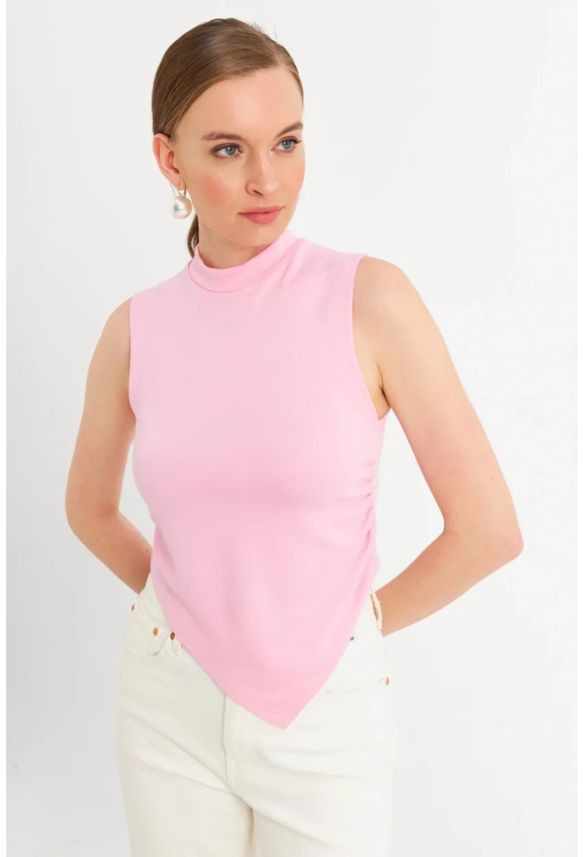 Kadın Pembe Kolsuz Crop Bluz ZH07