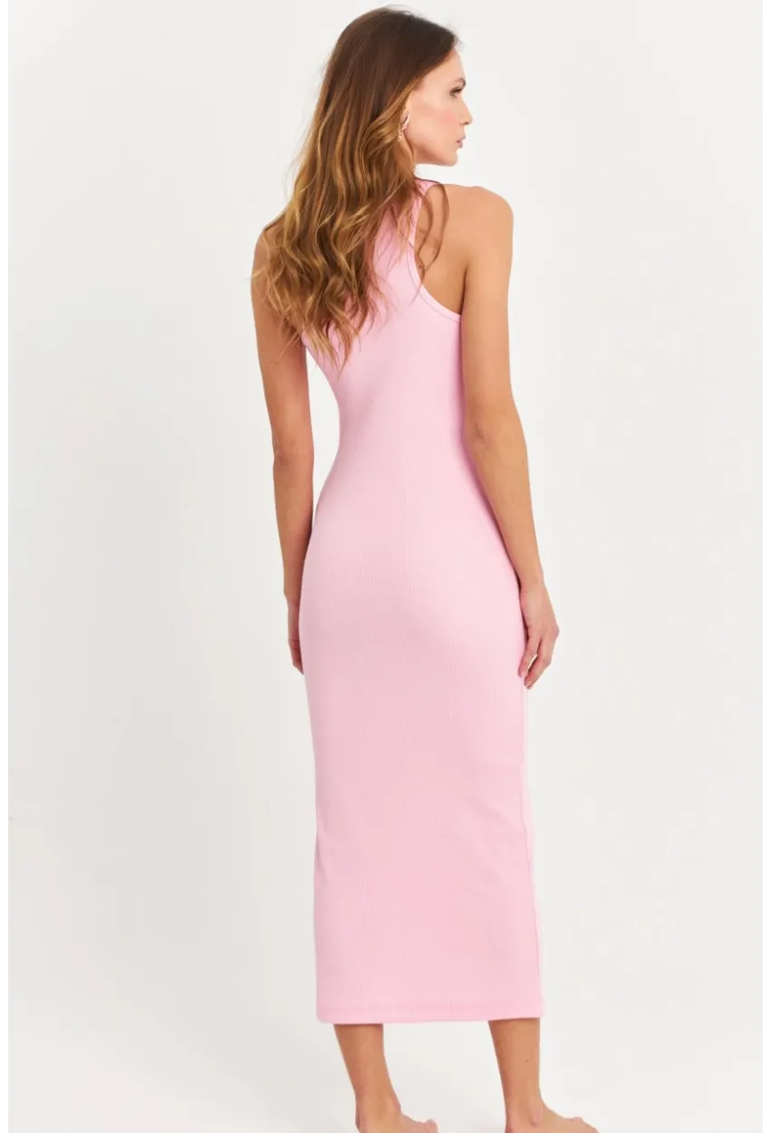 Kadın Pembe Kolsuz Kaşkorse Midi Elbise EY3049