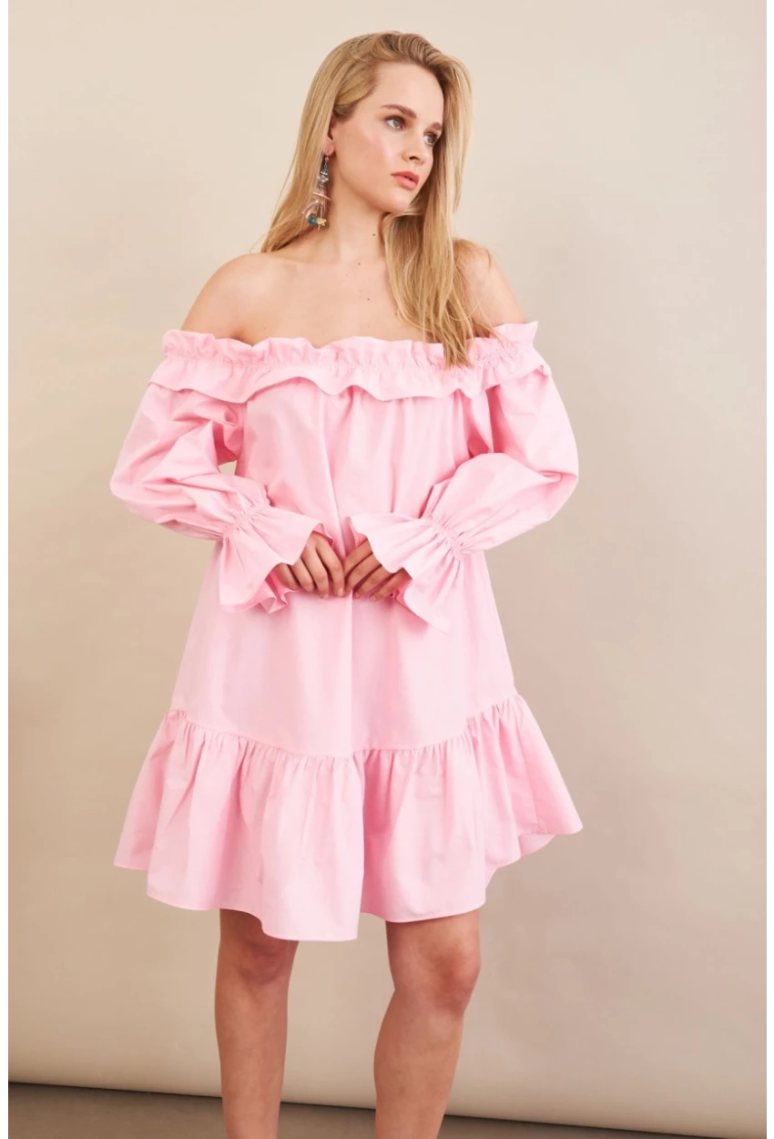 Kadın Pembe Madonna Yaka Midi Elbise PSG1012