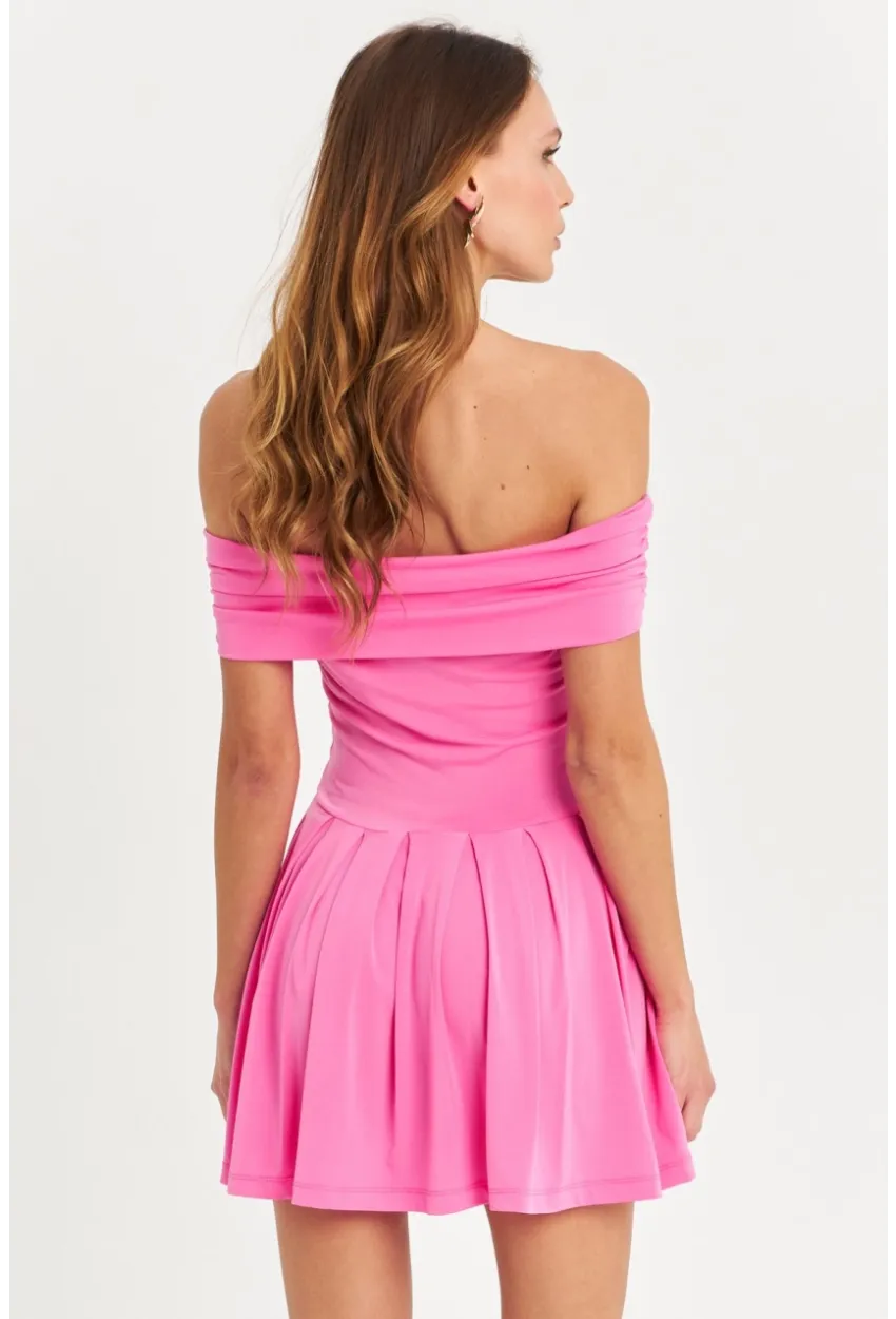 Kadın Pembe Madonna Yaka Mini Elbise MON1262