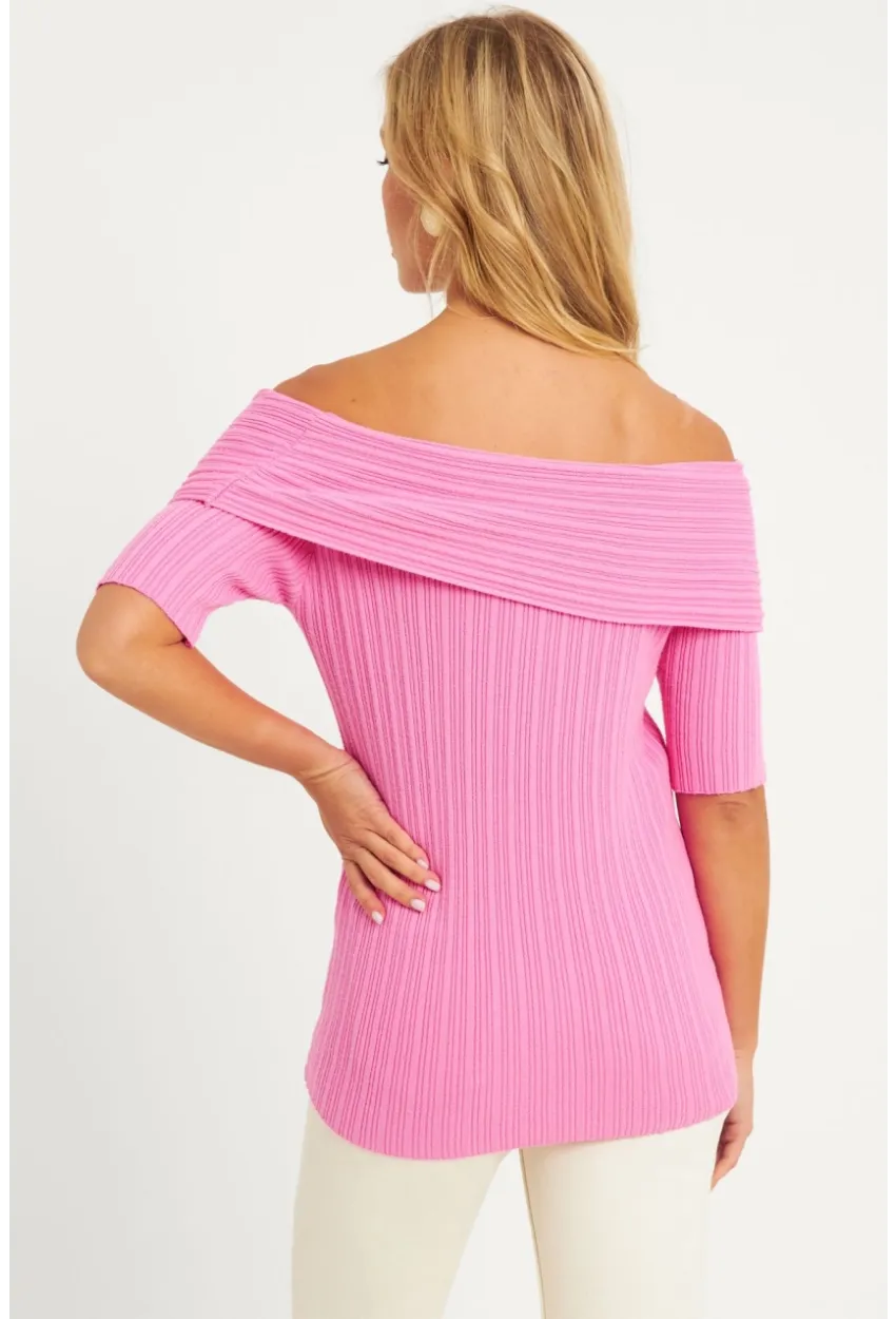 Kadın Pembe Madonna Yaka Triko Bluz KZ538