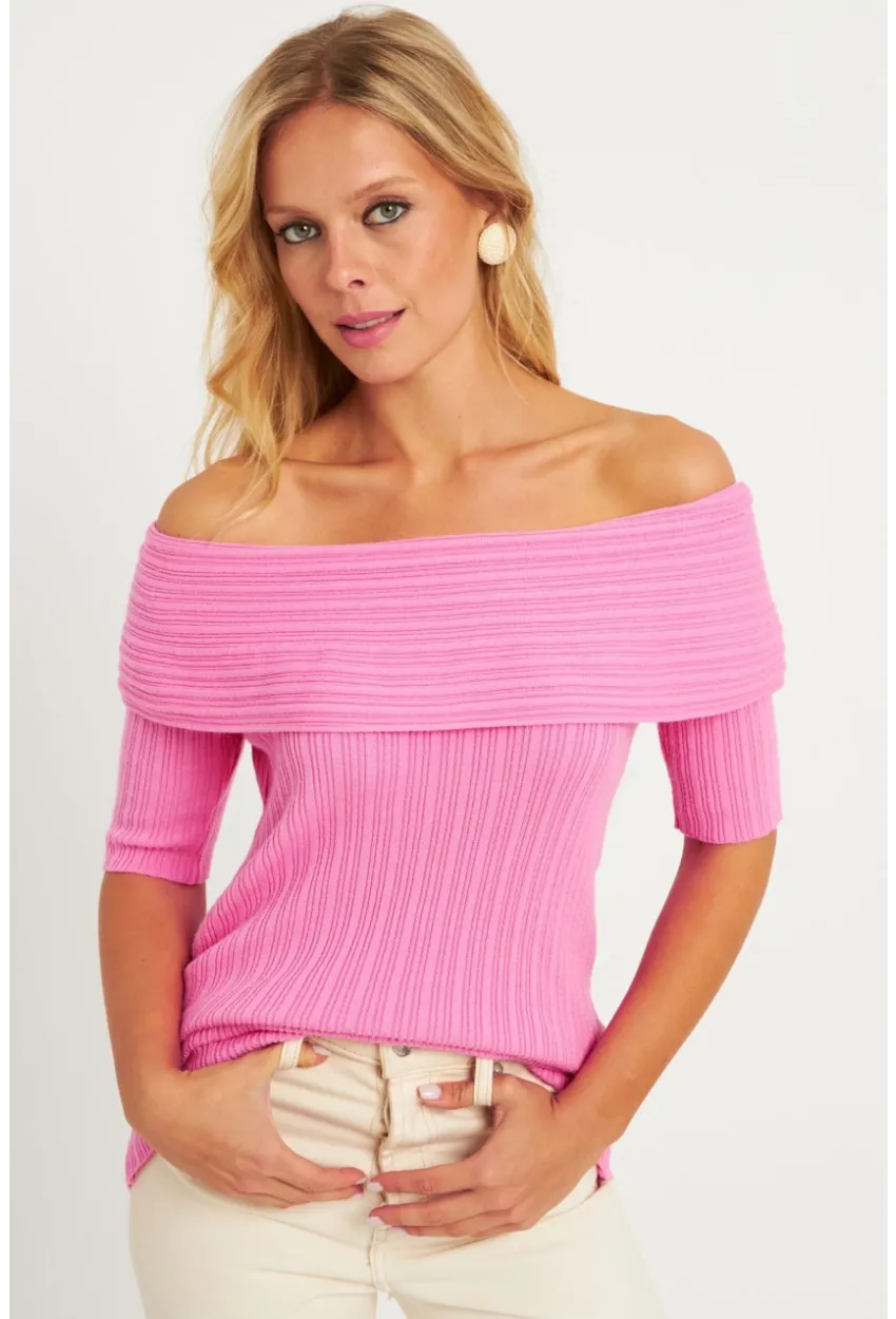 Kadın Pembe Madonna Yaka Triko Bluz KZ538
