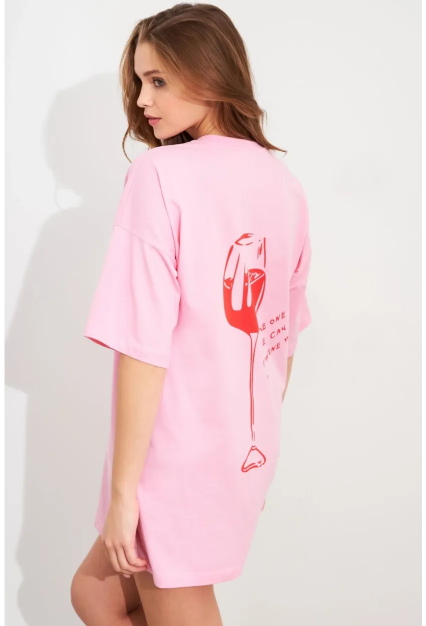 Kadın Pembe Oversize Pijama T-Shirt TPG14